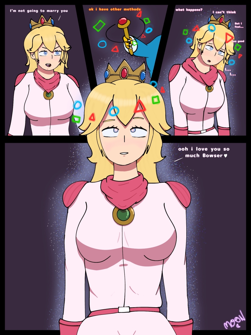 before_and_after blonde_hair blue_eyes bodysuit clothed comic crossed_eyes crown dazed dialogue female_only femsub heart heart_eyes limp long_hair m00n_key magic_wand magikoopa nintendo open_mouth princess princess_peach signature simple_background smile solo sparkle spiral_eyes standing standing_at_attention super_mario_bros. symbol_in_eyes text