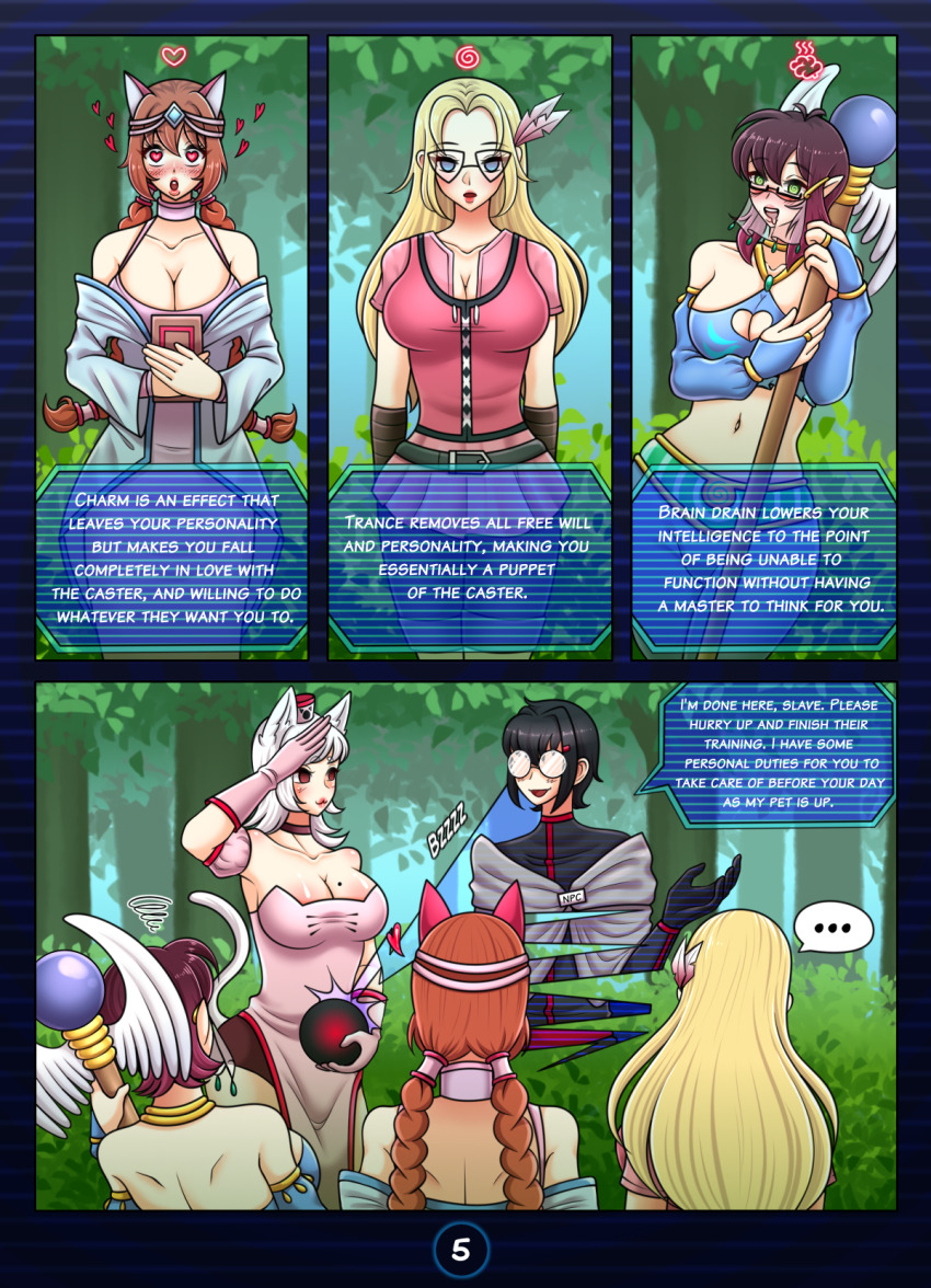 aurora_(jabberwocky) black_hair blonde_hair brain_drain breasts cat_ears cat_girl cat_tail cleavage comic dialogue empty_eyes female_only femdom femsub gemna_(mezz+pokemongirl) harem_outfit heart heart_eyes large_breasts long_hair multicolored_hair multiple_girls multiple_subs open_mouth original pon_(polishguy+porniky) porniky purple_hair r'hyll_(polishguy+porniky) red_hair short_hair spiral spiral_eyes symbol_in_eyes text video_game viltai_(viltai) white_hair