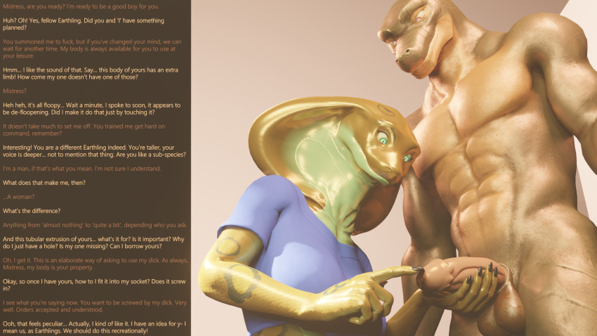 3d abs alien arden_(thalarynth) aware baxie_(thalarynth) becca_(thalarynth) caption confused dialogue femdom furry green_eyes humor lizard_boy malesub manip muscle_boy nude possession red_eyes scalie slit_pupils snake_girl story text thalarynth_(manipper)