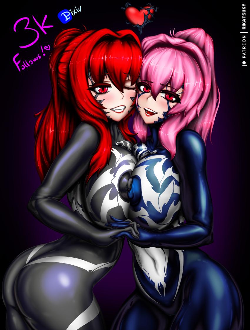 absurdres breasts erect_nipples female_only large_breasts marvel_comics original pink_hair red_eyes red_hair rikatsuky spider-man_(series) super_hero symbiote venom_(marvel) yuri