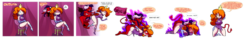 absurdres black_hair bottomless breasts chair cleavage comic crown curly_hair demon_futa earrings evil_smile femdom futa_with_female futanari high_heels horns hugothetroll jewelry large_breasts long_hair non-human_penis open_mouth orange_hair original penis possession rape red_skin sex sitting smile text tongue tongue_out torn_clothes