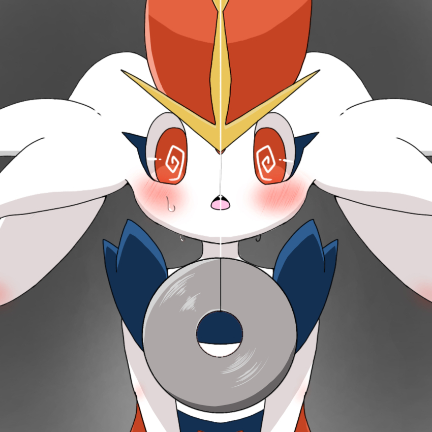 androgynous androgynous_sub blush bunny cinderace coin furry nintendo open_mouth pendulum pokemon pokemon_(creature) red_eyes simple_background spiral_eyes sweat symbol_in_eyes umiiro white_skin