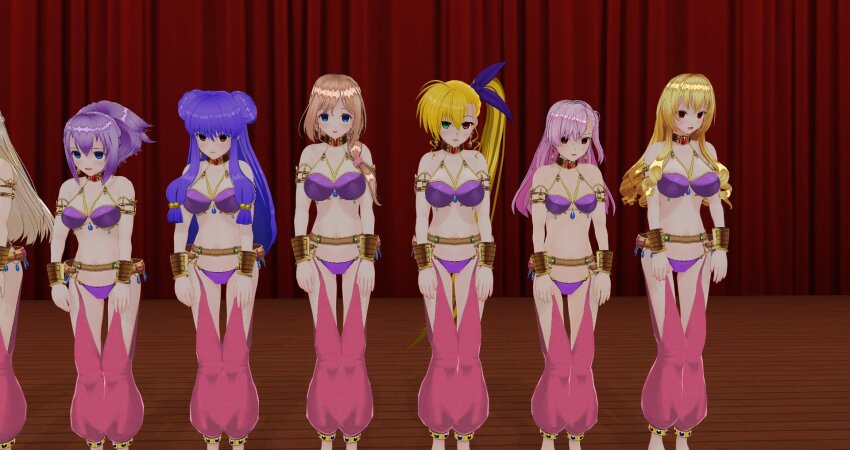 3d arm_bands blonde_hair blue_eyes breasts brown_hair collar custom_maid_3d_2 dancer earrings empty_eyes female_only femsub green_eyes happy_trance harem harem_outfit heterochromia long_hair magical_girl_lyrical_nanoha midriff multiple_girls multiple_subs open_mouth pink_hair ponytail purple_hair red_eyes shampoo_(ranma_1/2) side_ponytail sienaria smile standing standing_at_attention vivio_takamachi