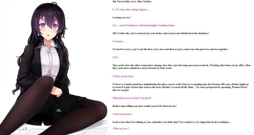 beifeng_han black_hair business_suit caption caption_only drool_(manipper) earrings femsub forced_employee glowing glowing_eyes hypnotic_eyes jewelry manip miyaura_sanshio office_lady open_mouth original pantyhose purple_eyes resisting text thighhighs