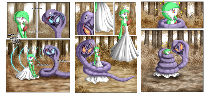 absurdres androgynous androgynous_dom arbok before_and_after coils comic femsub gardevoir glowing green_hair hair_covering_one_eye happy_trance kaa_eyes nintendo pachinkolemmings pokemon pokemon_(creature) smile snake text
