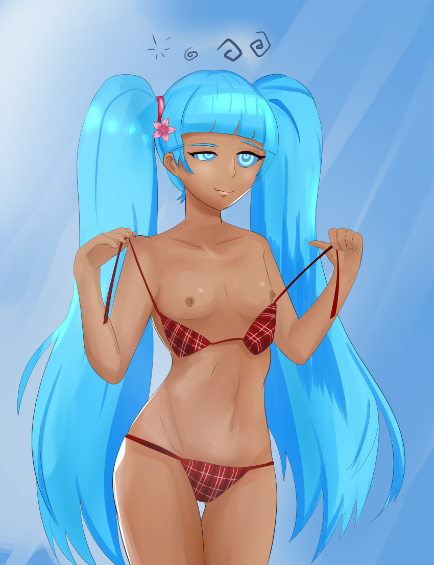 absurdres alex_(lugame) bikini blue_hair breasts dark_skin female_only femsub happy_trance large_breasts long_hair lunchtime_games_club! ring_eyes smeef topless undressing