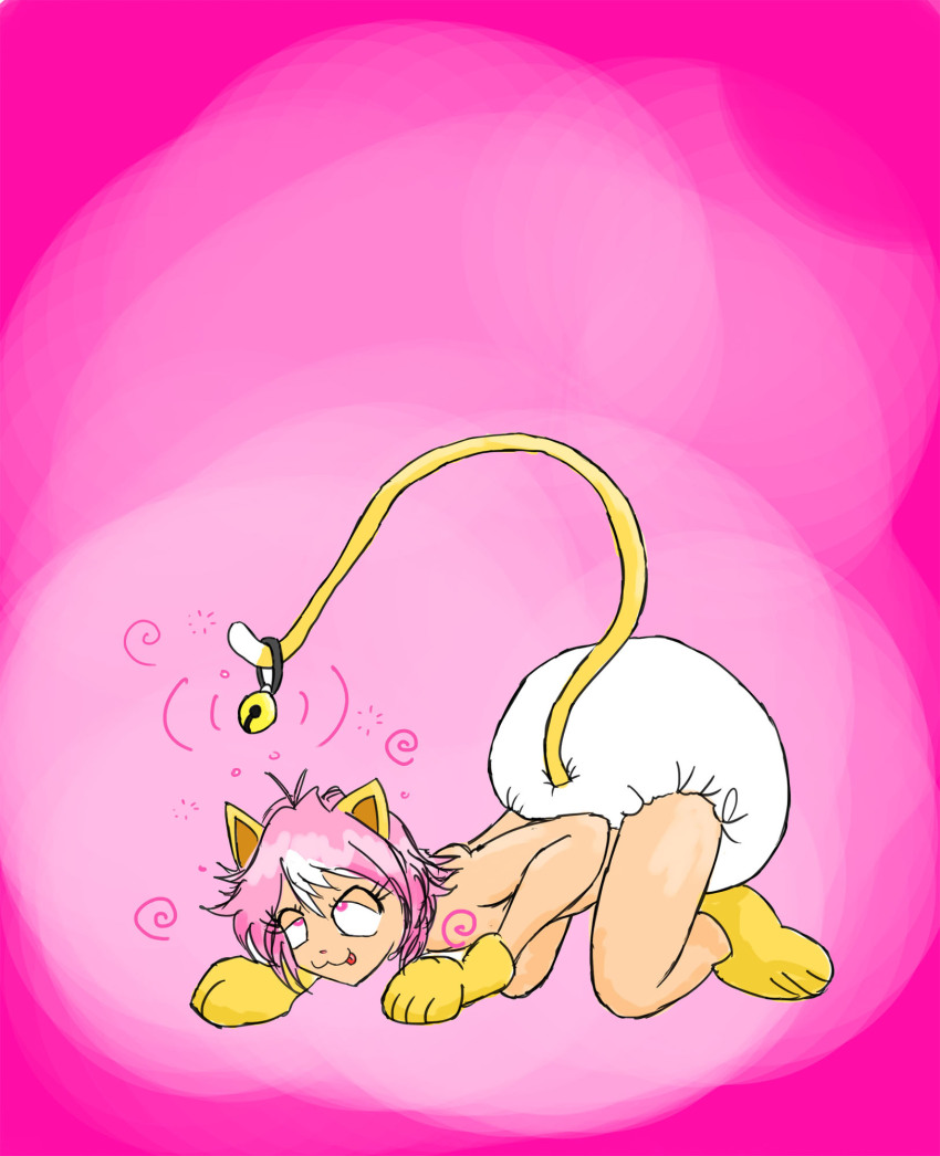 all_fours androgynous bell_collar cat_boy cat_ears cat_tail collar diaper happy_trance luckyluckyluckypenny malesub original pink_eyes pink_hair short_hair shrunken_irises tail tongue tongue_out