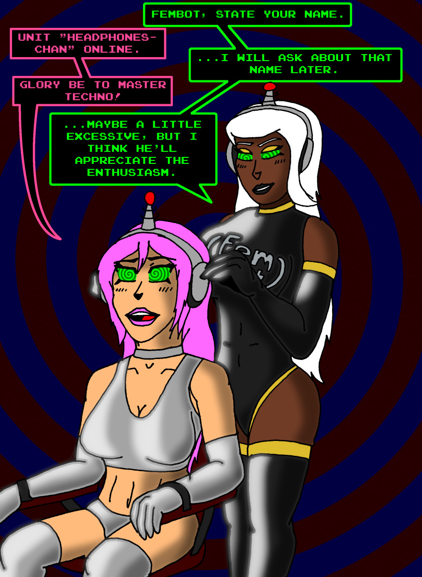 absurdres antenna breasts chair dark_skin female_only fembot fembottica femsub gloves happy_trance headphones latex lipstick long_hair multiple_girls multiple_subs open_mouth opera_gloves original pink_hair robotization smile spiral_eyes symbol_in_eyes tech_control text thighhighs white_hair