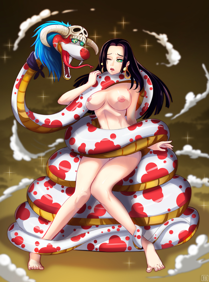 barefoot black_hair boa_hancock bottomless breasts coils earrings hmage hypnotic_eyes jewelry kaa_eyes large_breasts long_hair nipples nude one_piece salome snake topless