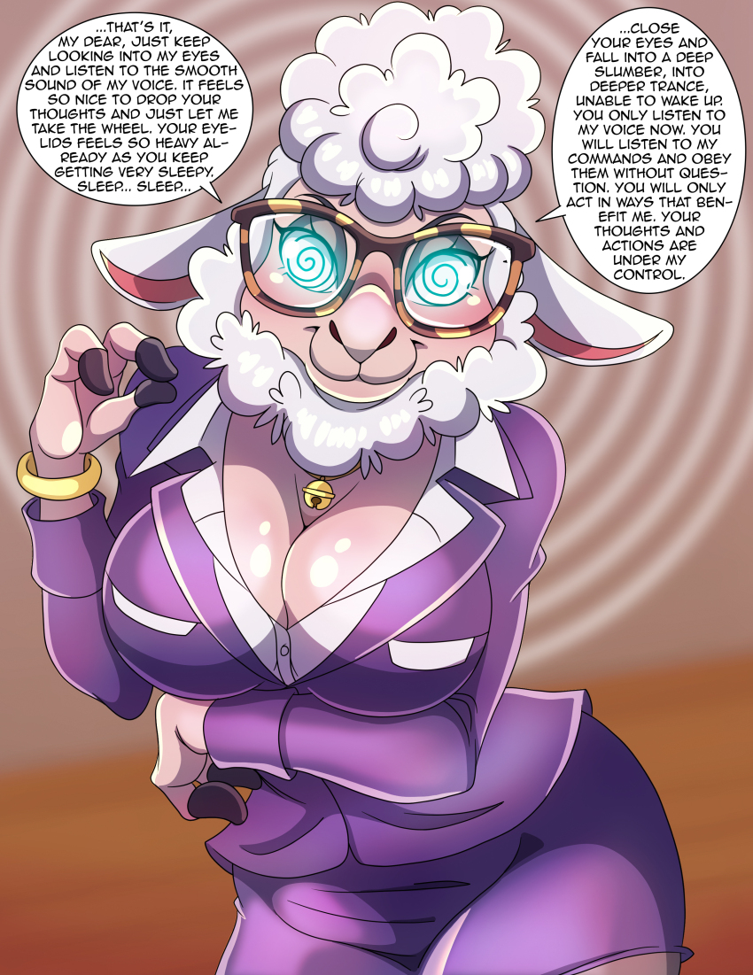 absurdres bell_collar blue_eyes breasts business_suit cleavage collar dawn_bellwether dialogue disney femdom furry glasses glowing_eyes hypnotic_eyes large_breasts looking_at_viewer office_lady pink_skin pov pov_sub sheep_girl short_hair skirt sleep_command smile speech_bubble spiral spiral_eyes symbol_in_eyes text white_hair zootopia zorro-zero