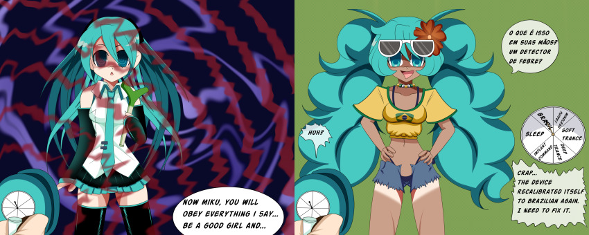 absurdres bare_legs bare_shoulders before_and_after blue_eyes blue_hair brazilian_miku collarbone crop_top dialogue empty_eyes femsub flower flower_in_hair hand_on_hip humor idpet light_skin midriff miku_hatsune necklace panties skirt speech_bubble spiral_eyes standing sunglasses tan_lines tan_skin text thighhighs twintails underwear very_long_hair vocaloid