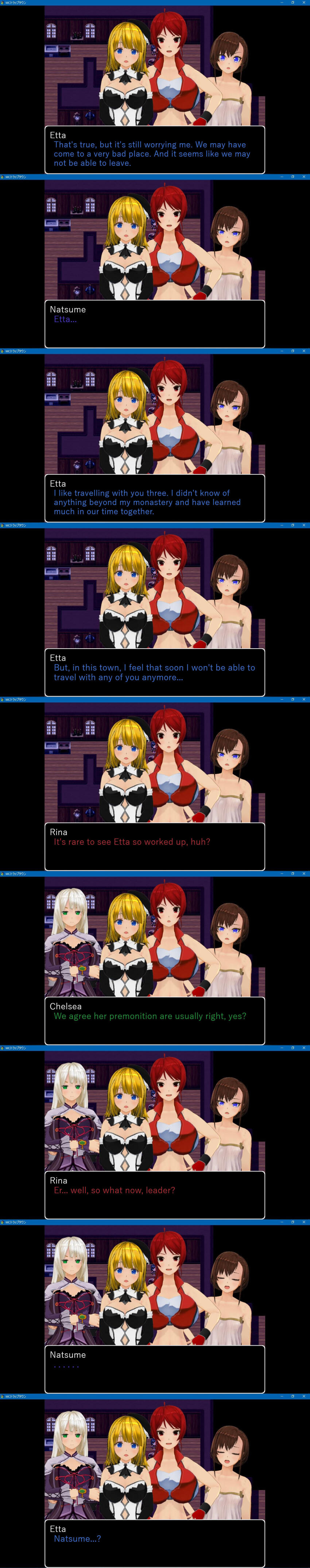 3d absurdres blonde_hair breasts brown_hair chelsea_(mc_trap_town) comic custom_maid_3d_2 english_text etta_(mc_trap_town) hard_translated kamen_writer_mc large_breasts long_hair natsume_(mc_trap_town) red_hair rina_(mc_trap_town) short_hair small_breasts text translated white_hair