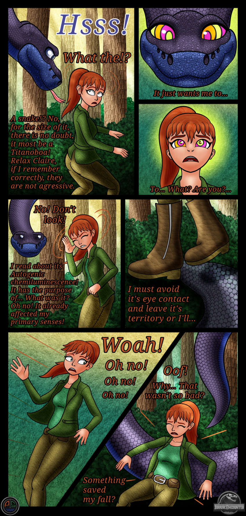 absurdres claire_dearing coils comic hypnotic_eyes jurassic_world kaa_eyes open_mouth ordeper_arts ponytail red_hair resisting snake text