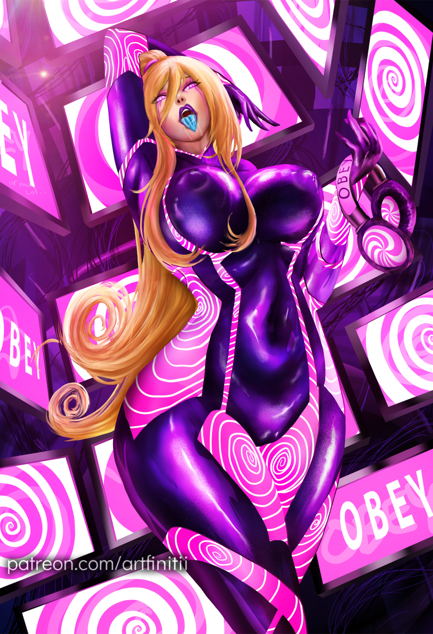 absurdres ahegao artfinitii blonde_hair bodysuit breasts cameltoe crossed_eyes drool eye_roll female_only femsub headphones hypnotic_screen lipstick metroid_(series) nintendo open_mouth ponytail purple_lipstick runny_makeup samus_aran solo spiral spiral_eyes spiralwash_eyes tech_control tongue tongue_out