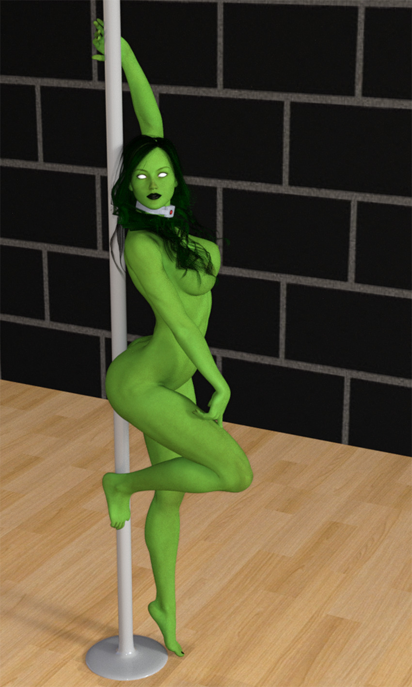 3d bottomless breasts collar empty_eyes female_only femsub green_hair green_skin marvel_comics nude pole_dancing she-hulk solo stripper super_hero tech_control theheckle topless