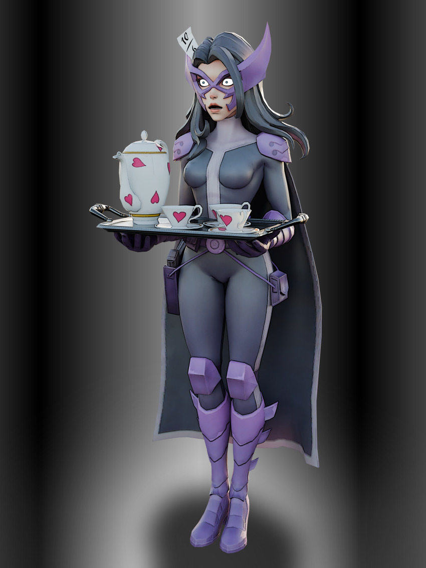 3d black_eyes card dc_comics female_only femsub huntress mad_hatter maid saltygauntlet shrunken_irises super_hero tray waitress