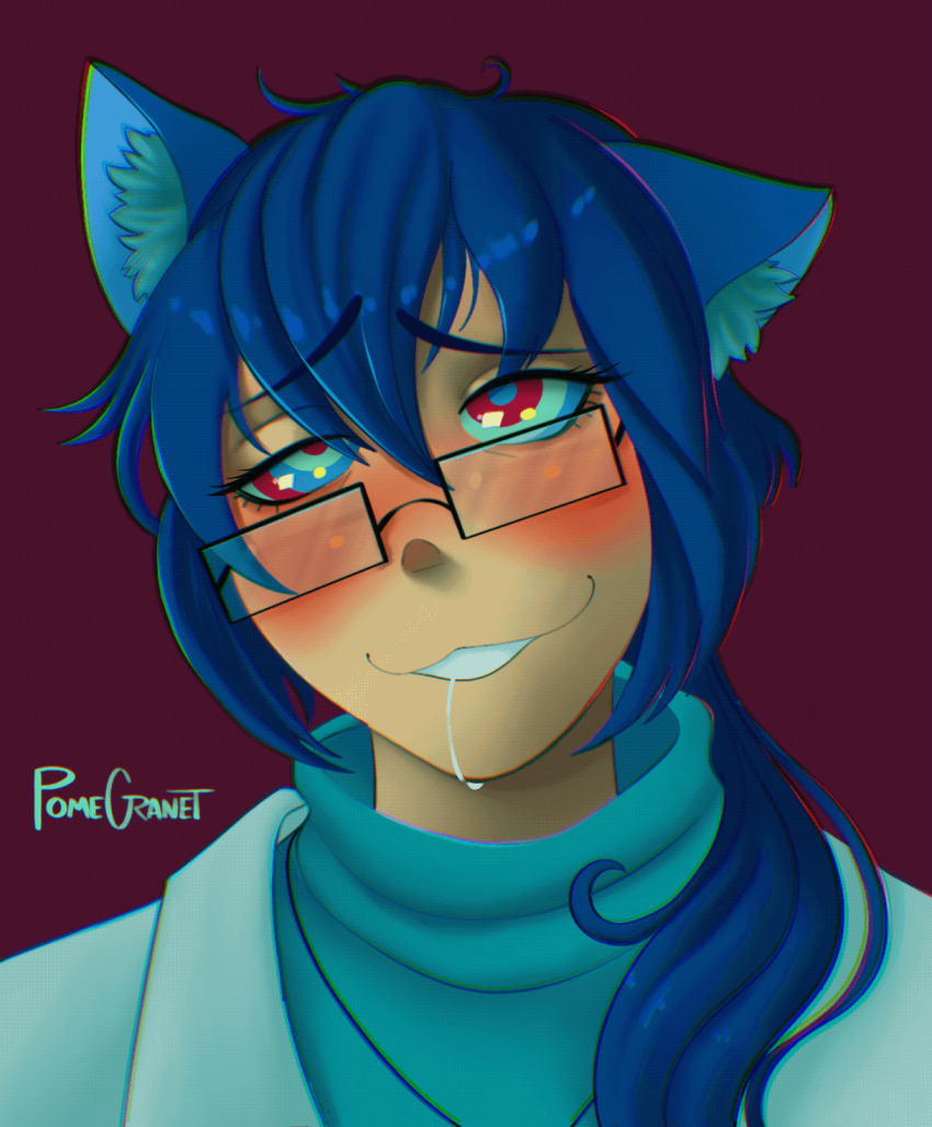 animated animated_gif blue_hair cat_girl dazed drool femsub katie_(edgeofthemoon) lab_coat open_mouth original pomegranet ponytail sweater symbol_in_eyes tech_control