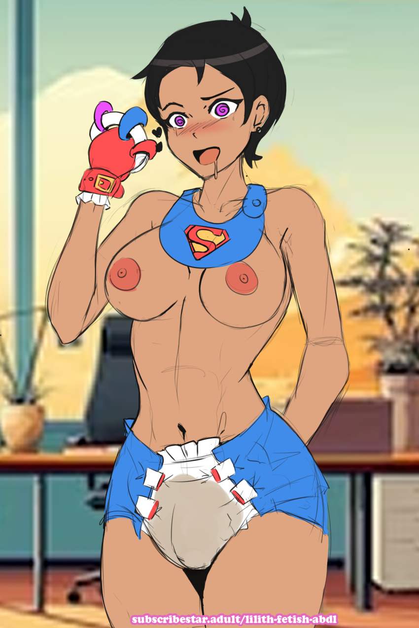 age_regression bib black_hair blush breasts dc_comics diaper drool female_only femsub gloves lilith-fetish lois_lane my_adventures_with_superman nipples nude pink_eyes solo spiral spiral_eyes tears tomboy urination