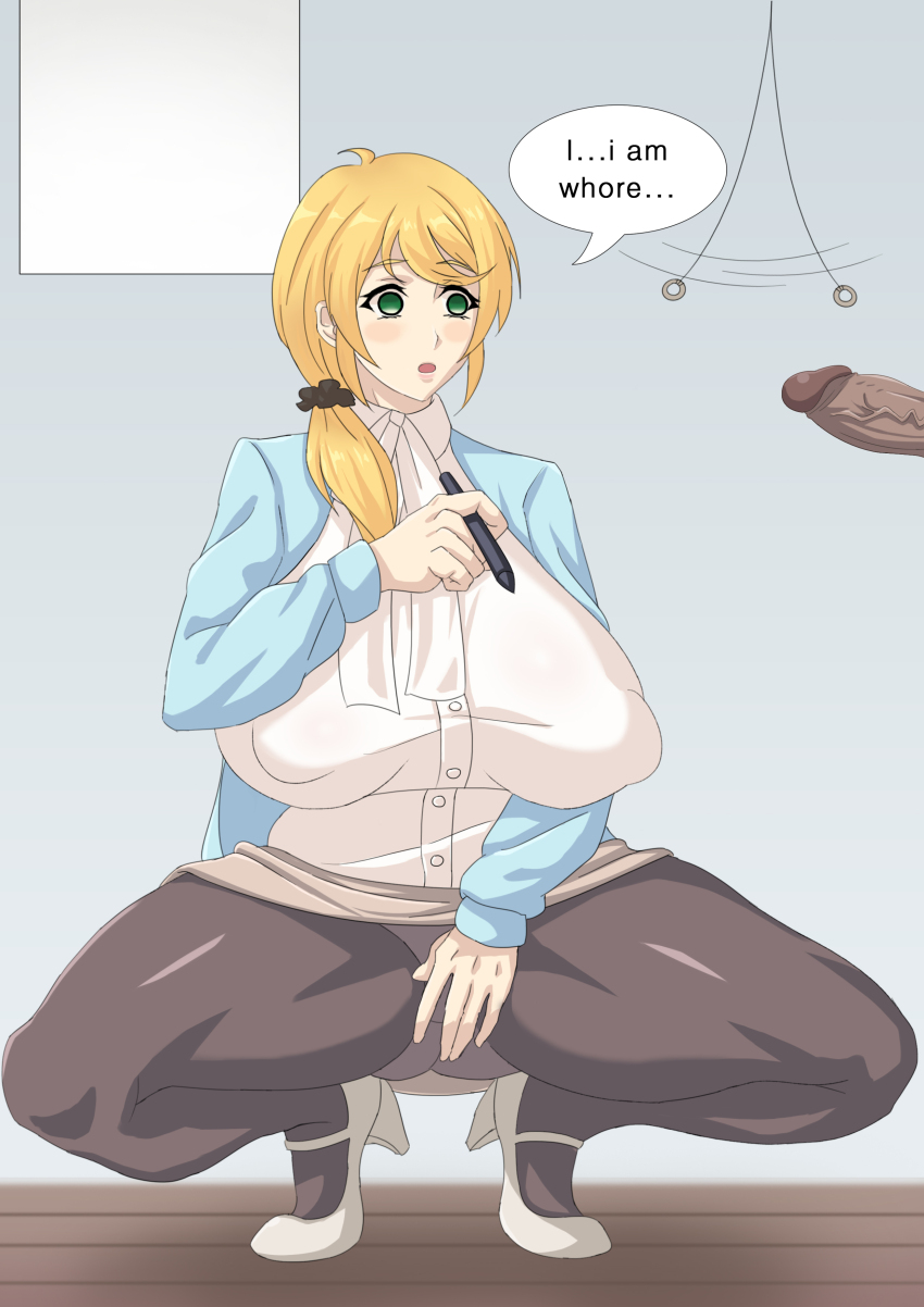 blonde_hair breasts curvy ellen_baker english_text femsub green_eyes huge_breasts large_breasts new_horizon_textbook pendulum penis rex_(systembest) squatting text thick_thighs thighs