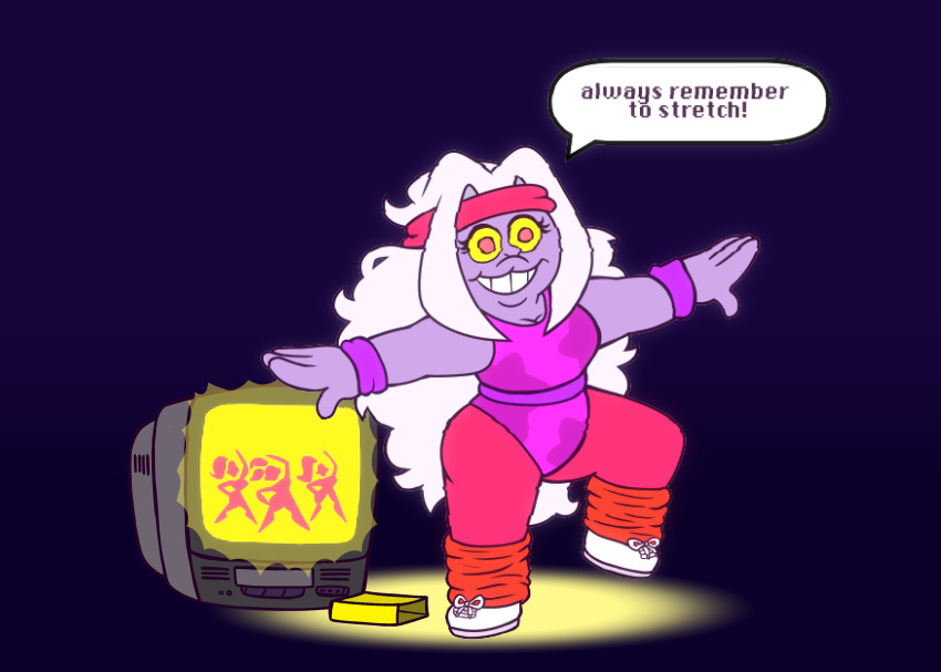 absurdres amethyst blue_background clothed dialogue dumbochumbo english_text exercise female_only femsub leotard long_hair pink_eyes purple_hair purple_skin simple_background solo speech_bubble steven_universe tech_control tv yellow_sclera