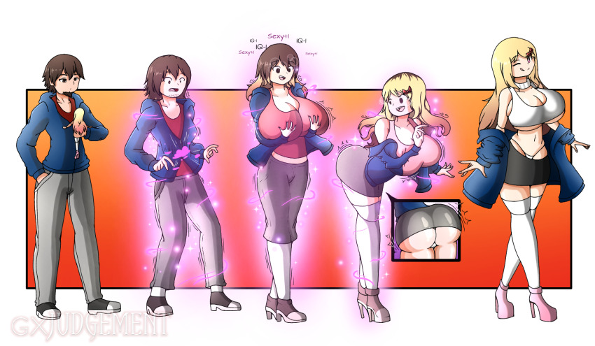 ass before_and_after bimbofication blonde_hair brain_drain breasts brown_hair doll femsub hair_growth happy_trance heart_eyes huge_ass huge_breasts large_hips malesub pink_eyes smile symbol_in_eyes text thegxjudgement transformation transgender