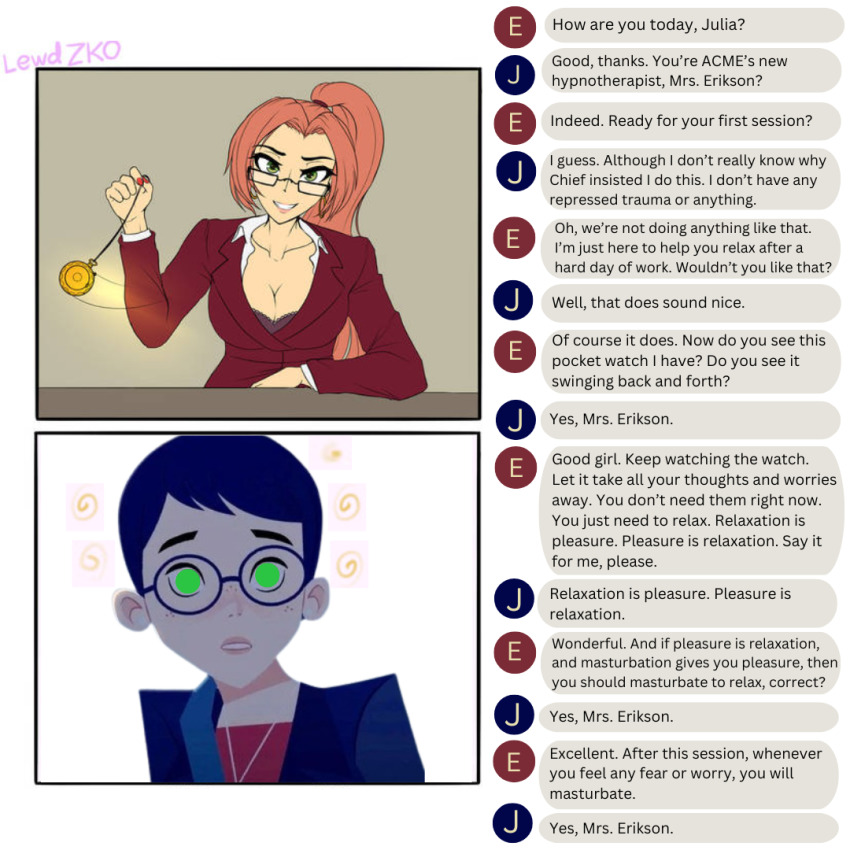 carmen_sandiego dialogue female_only femdom femsub glasses julia_argent_(carmen_sandiego) long_hair manip mrs._erickson_(zko) nail_polish original pocket_watch ponytail pov pov_sub short_hair smile text therapist trigger user_interface webcam zko zupern0va_(manipper)