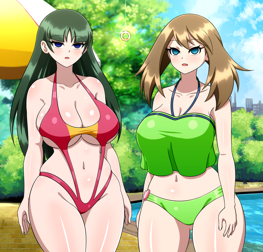 absurdres bikini breasts brown_hair cleavage dazed empty_eyes female_only femsub green_hair large_breasts long_hair may navel nintendo one-piece_swimsuit open_mouth pendulum pokemon pokemon_let's_go pokemon_ruby_sapphire_and_emerald pool sabrina short_hair standing straight-cut_bangs swimsuit yensh