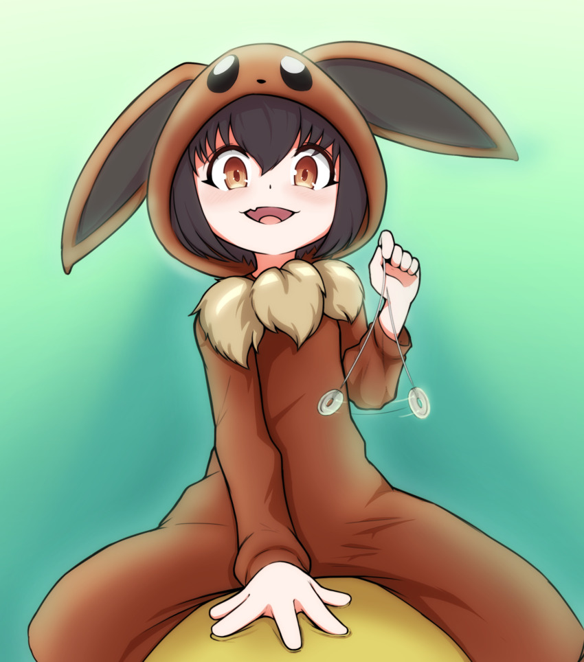 black_hair brown_eyes clothed costume eevee kiddom loli nintendo open_mouth pendulum poke_kid pokemon pokemon_sword_and_shield pov sitting thekinkyfinn