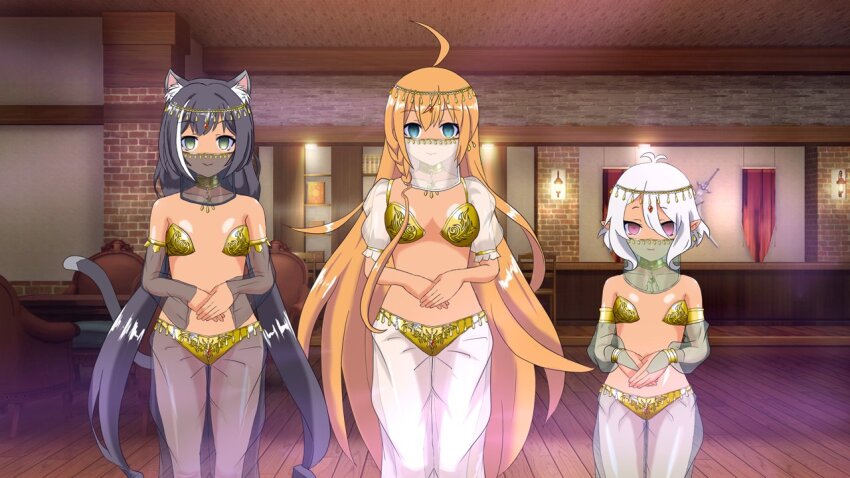 arm_bands black_hair blonde_hair blue_eyes breasts cat_ears cat_girl collar elf_ears empty_eyes female_only femsub green_eyes happy_trance harem harem_outfit headdress inikanata karyl kokkoro_(princess_connect) large_breasts loli long_hair midriff multiple_girls pecorine princess_connect! princess_connect!_re_dive purple_eyes see-through short_hair small_breasts standing standing_at_attention tan_skin veil white_hair