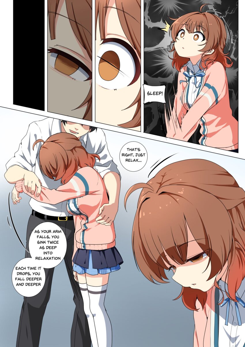 bangs brown_eyes brown_hair comic dazed empty_eyes etlabsotwe femsub gakuen_idolmaster limp school_uniform sleep_command sleeping slouching standing text ume_hanami