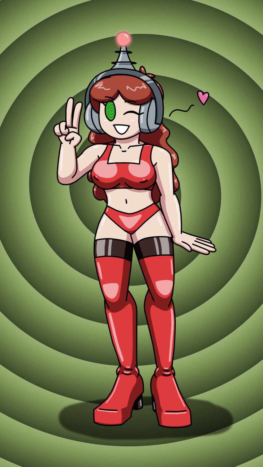 antenna character_request fembot femsub green_eyes happy_trance headphones high_heels latex original robotization spiral_eyes supertechno324 swimsuit tagme tech_control thighhighs