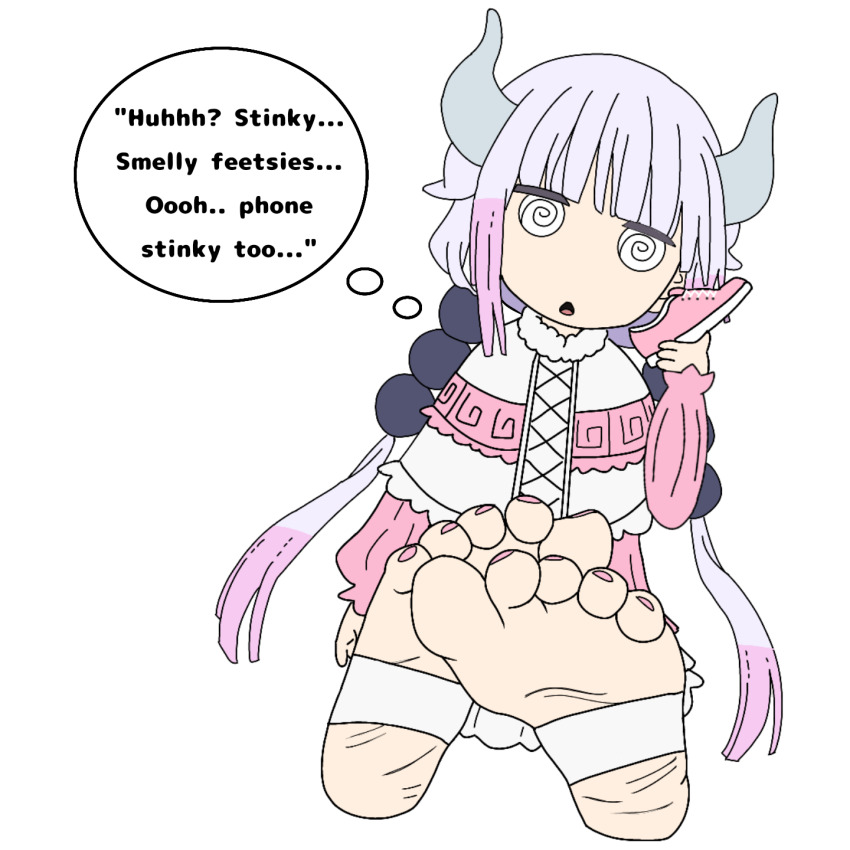 confused dialogue feet female_only femsub foot_focus horns kanna_kamui loli miss_kobayashi's_dragon_maid open_mouth solo spiral_eyes unaware white_hair