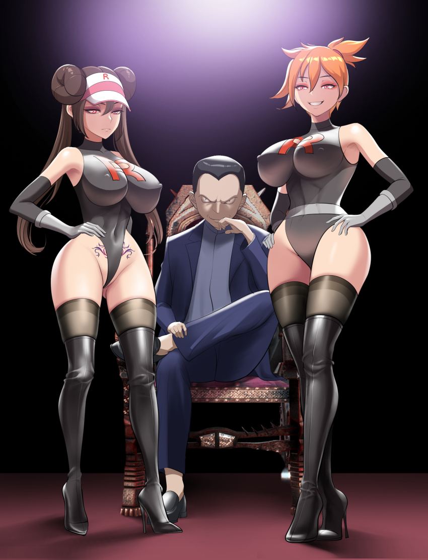 breasts brown_hair dr._stein enemy_conversion femsub giovanni gloves hair_buns hourglass_figure huge_breasts large_breasts large_hips latex legs leotard maledom misty multiple_girls nintendo nipples orange_hair pale_skin pokemon pokemon_black_and_white_2 pokemon_red_green_blue_and_yellow pokemon_trainer red_eyes rosa_(pokemon) shiny_hair solo sweat team_rocket thick_thighs thighs tied_hair twintails