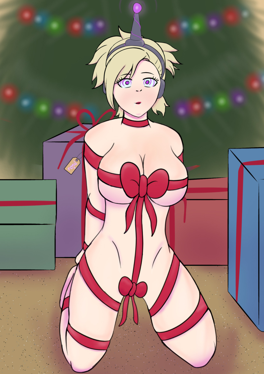 antenna arms_behind_back barefoot blonde_hair breasts christmas christmas_tree cleavage drool expressionless feet female_only femsub headphones huge_breasts kneeling lisa_silverman m00n_key naked_ribbon navel persona_(series) persona_2 purple_eyes ribbon ribbon_bondage solo spiral_eyes symbol_in_eyes tech_control