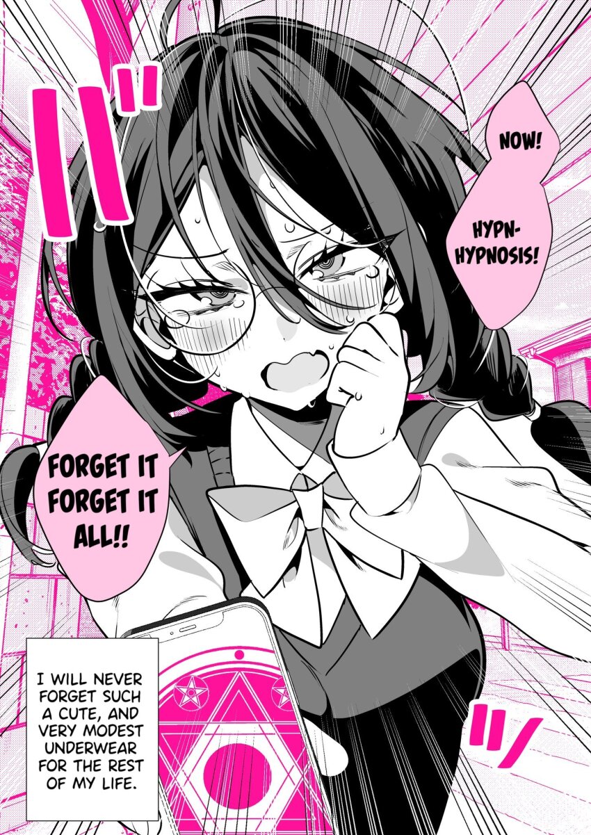 ahoge blush confused dialogue failed_hypnosis femdom glasses gohome-kun long_hair looking_at_viewer magic_circle open_mouth phone pov pov_sub school_uniform sweat text twin_braids uniform