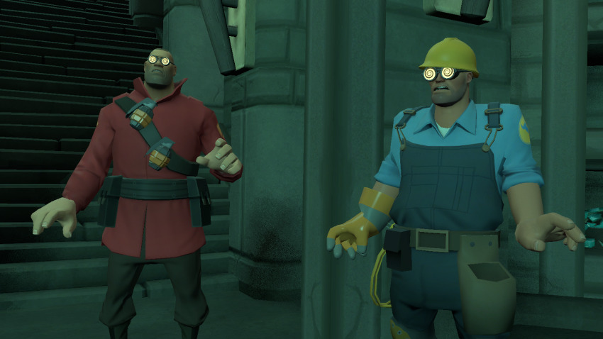 3d brown_hair engineer_(team_fortress_2) glasses gmod goggles hypnotic_accessory male_only malesub mx_boxlocks open_mouth resisting soldier_(team_fortress_2) standing team_fortress_2