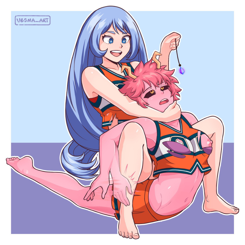 arched_back black_sclera blue_eyes blue_hair breasts cheerleader collarbone crystal exposed_chest feet female_only femdom femsub hex_(manipper) horns long_hair mina_ashido my_hero_academia nejire_hado nipples open_mouth pendulum pink_hair pink_skin resisting short_hair skirt small_breasts smile topless torn_clothes vesna_art_(artist) wrestling yellow_eyes