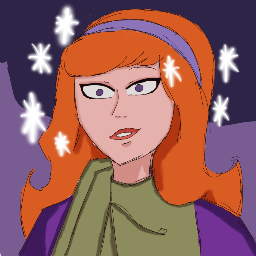 daphne_blake dazed empty_eyes female_only femsub ghost_clown hair_band happy_trance lipstick long_hair orange_hair purple_eyes scooby-doo_(series) shysketches simple_background sparkle