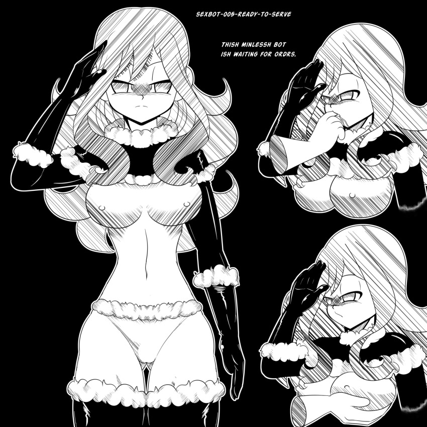 bottomless breast_grab breasts clothed_exposure expressionless fairy_tail femsub finger_in_mouth idpet juvia_loxar monochrome nude robotic_trance standing standing_at_attention text topless