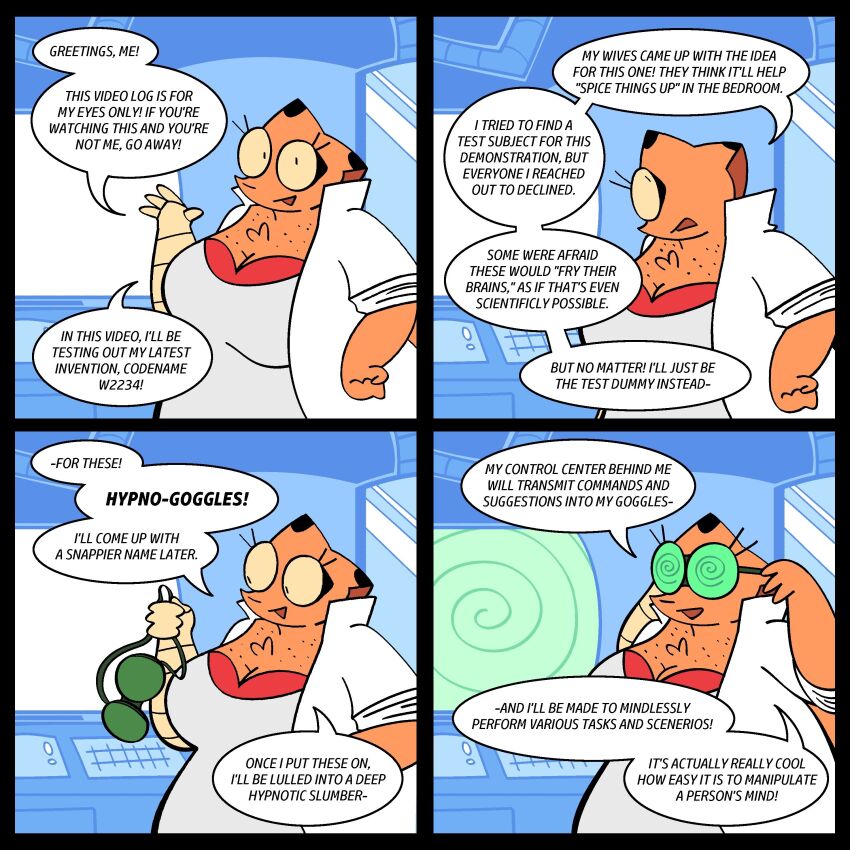 animal_ears bbw bra chubby comic computer consensual female_only femsub fox_ears freckles furry furryblued0g glasses hand_on_hip lab_coat large_breasts looking_at_viewer monitor open_mouth original polyamory self_hypnosis shirt smile solo spiral tech_control text wholesome yellow_eyes