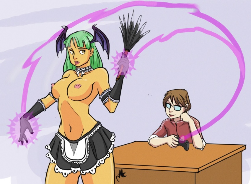 body_control breasts capcom darkstalkers demon_girl feather_duster femsub game_controller glasses green_hair large_breasts long_hair maid maledom mcchesthair monster_girl morrigan_aensland puppet remote_control succubus tech_control topless unhappy_trance video_game