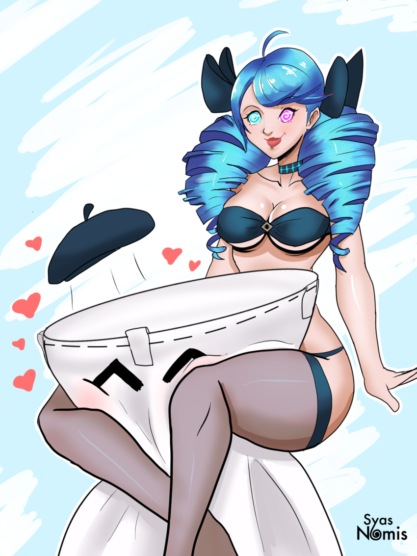 beret blue_eyes blue_hair bow bra breasts cleavage collar collarbone drill_hair femsub gwen_(league_of_legends) hair_ornament hat heart heterochromia league_of_legends lipstick panties pantyhose pink_eyes simple_background smile spiral spiralwash_eyes syas-nomis thighhighs thighs tube_top twintails underwear