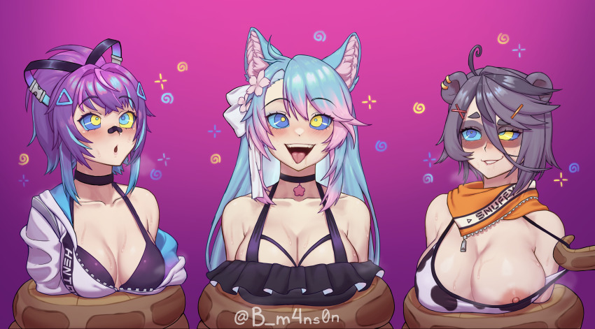 ahoge animal_ears bandage black_hair blue_hair blush bra breasts choker cleavage coils disney dog_ears drool femsub flower flower_in_hair grey_hair hair_ornament hair_ribbon huge_breasts kaa kaa_eyes large_breasts long_hair m4ns0n maledom multicolored_hair multiple_girls nipples open_mouth pink_hair ponytail projekt_melody purple_hair raccoon_girl resisting scarf short_hair silvervale small_breasts smile snake snuffy sweat tail the_jungle_book tongue tongue_out undressing virtual_youtuber vshojo weak_resistance wolf_girl