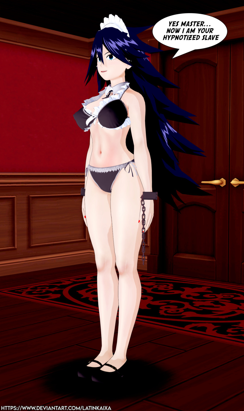 3d bare_legs bare_shoulders bikini blue_eyes blue_hair chains dialogue empty_eyes erect_nipples_under_clothes female_only femsub frills happy_trance high_heels large_breasts latinkaixa maid maid_headdress maledom manacles my_hero_academia nail_polish navel nemuri_kayama open_mouth ribbon smile solo speech_bubble standing standing_at_attention text very_long_hair