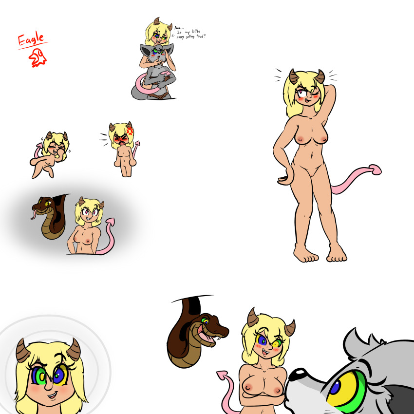 absurdres bare_shoulders barefoot blonde_hair bottomless breasts chloe_(iamaneagle) dazed demon_girl disney female_only femdom femsub happy_trance horns hypnotic_eyes iamaneagle kaa kaa'lin kaa_eyes loincloth looking_at_viewer monster_girl nipples nude original pussy short_hair snake succubus tail the_jungle_book topless wolf_girl zoey_(iamaneagle)
