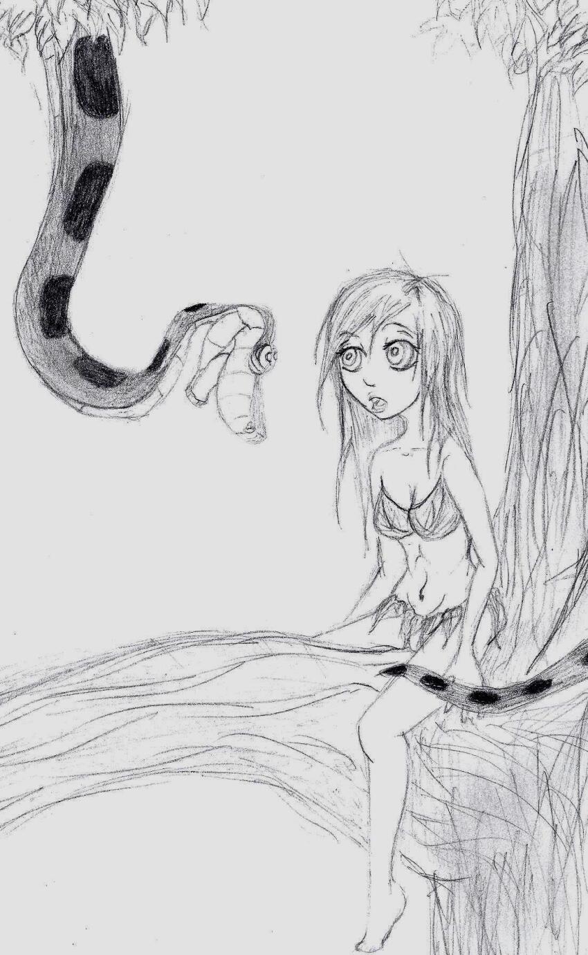 allisnotwell barefoot bikini dazed disney feet femsub greyscale hypnotic_eyes kaa kaa_eyes long_hair mikomi_(allisnotwell) monochrome open_mouth original snake the_jungle_book traditional