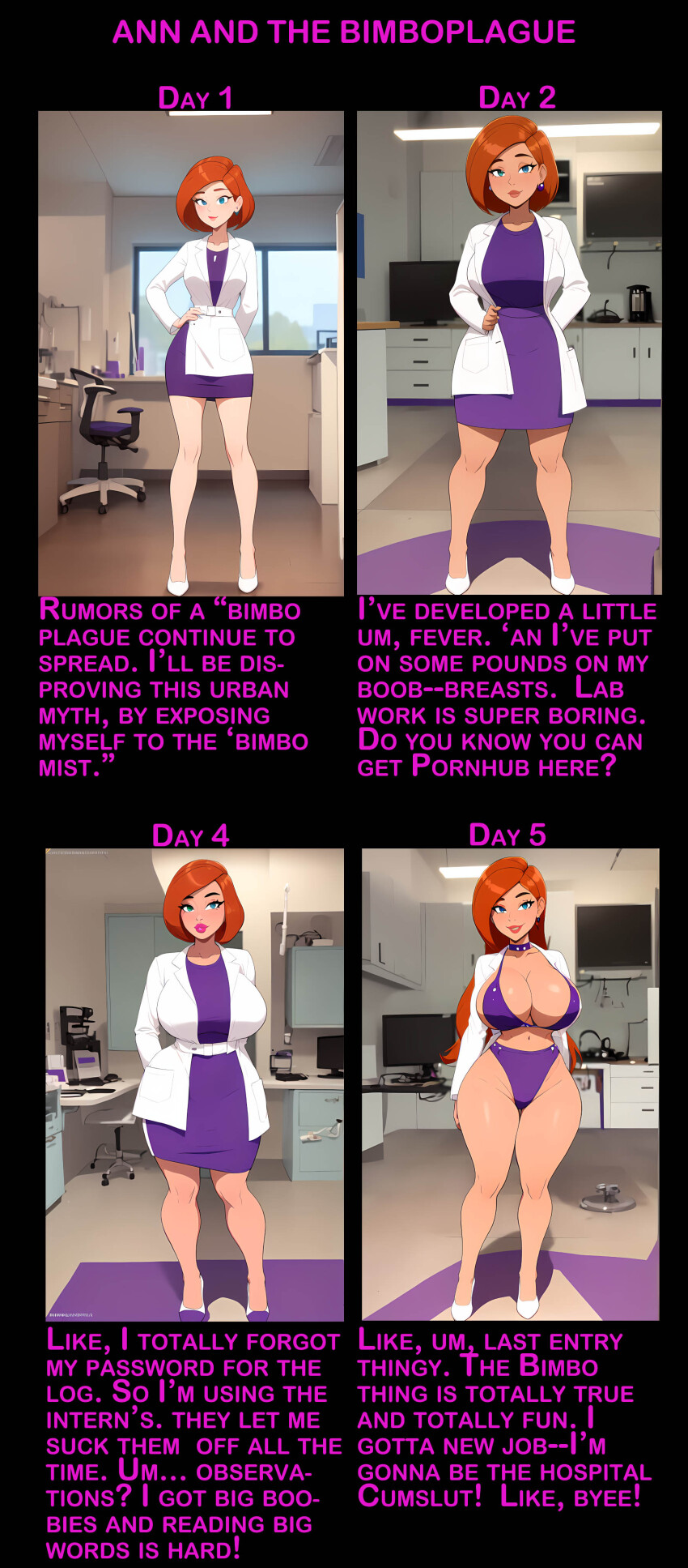 absurdres ai_art ann_possible aware bare_legs before_and_after bimbofication blue_eyes brain_drain breast_expansion caption choker cleavage collarbone dialogue doctor earrings femsub gregory_michelson_(generator) hair_growth hand_on_hip high_heels kim_possible_(series) lab_coat large_breasts long_hair looking_at_viewer office orange_hair short_hair standing text