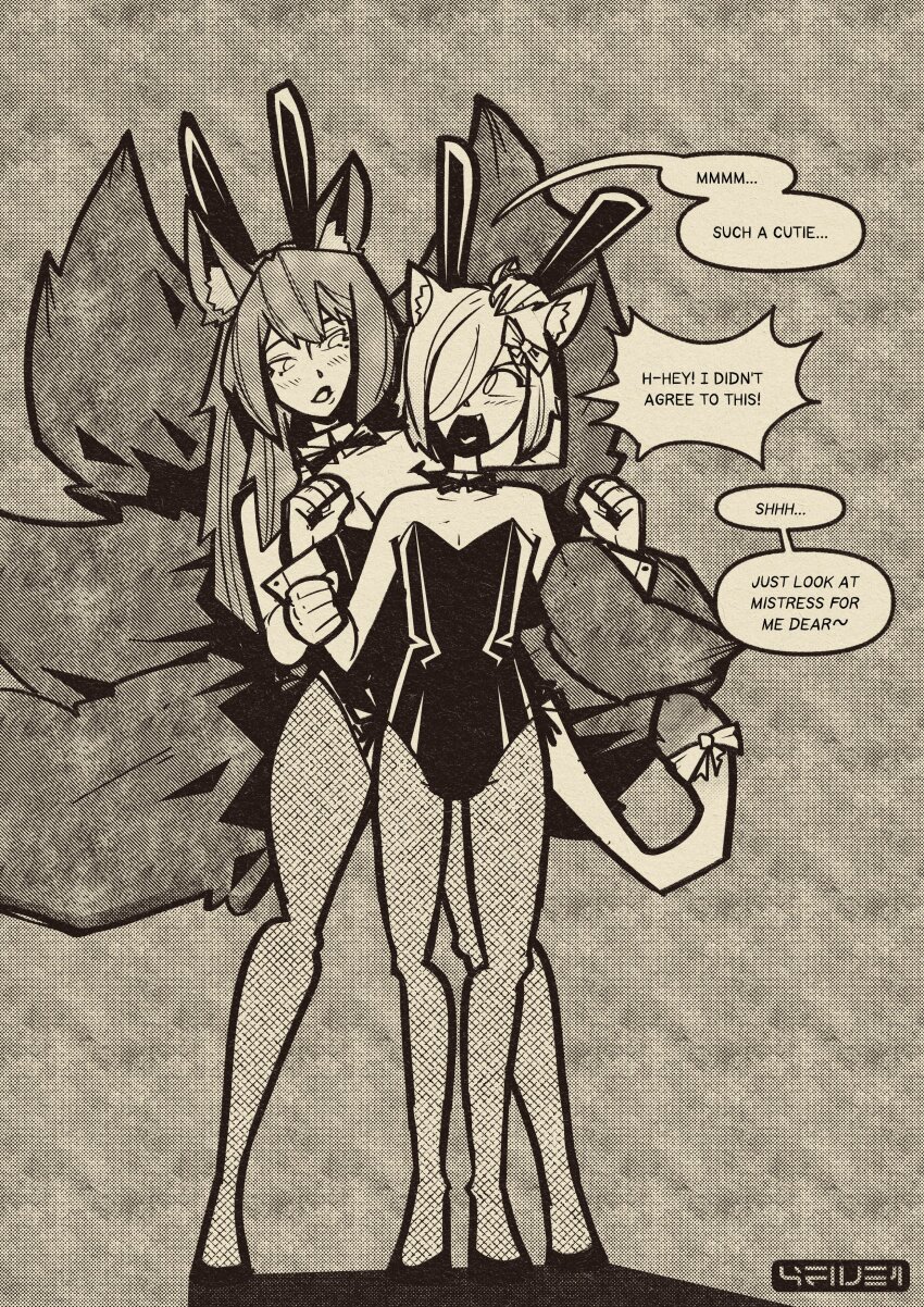 4five1 angry animal_ears anno_(anno) bunnysuit cat_girl fake_animal_ears female_only femdom femsub fishnets fox_girl fox_tail greyscale hypnotized_assistant kit_(anonymous_oc) long_hair original pantyhose resisting short_hair tail text