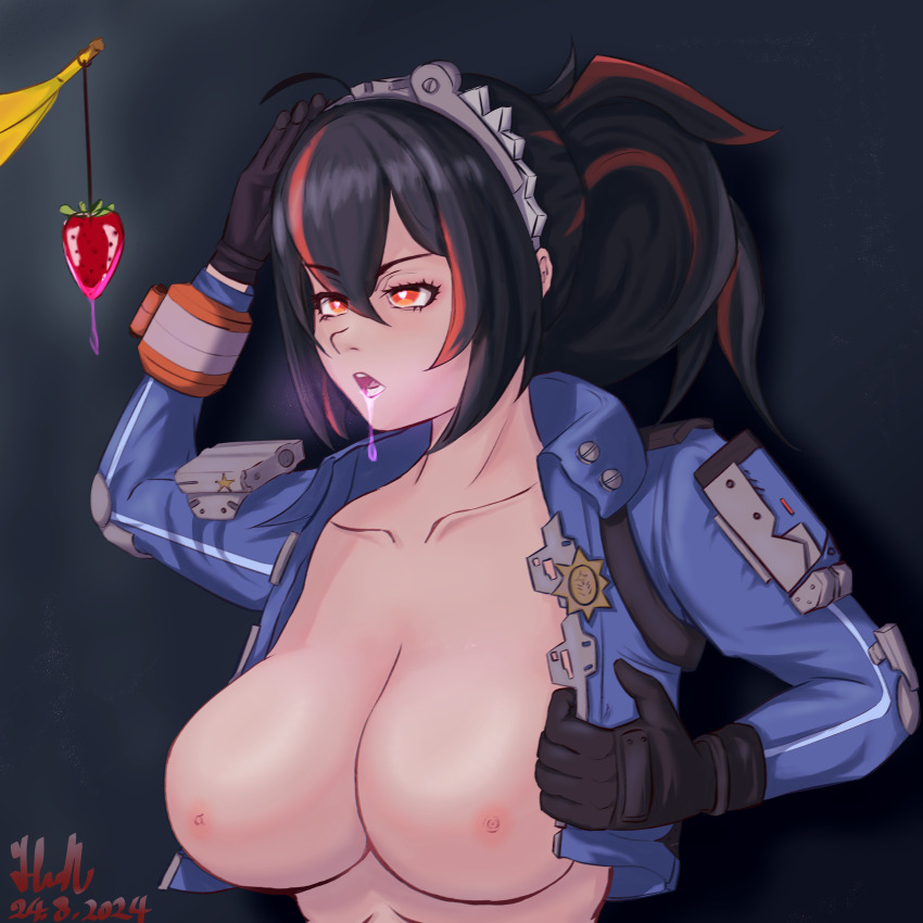 banana breasts dazed drugged femsub fruit heart_eyes himmelficker saluting uniform zenless_zone_zero zhu_yuan