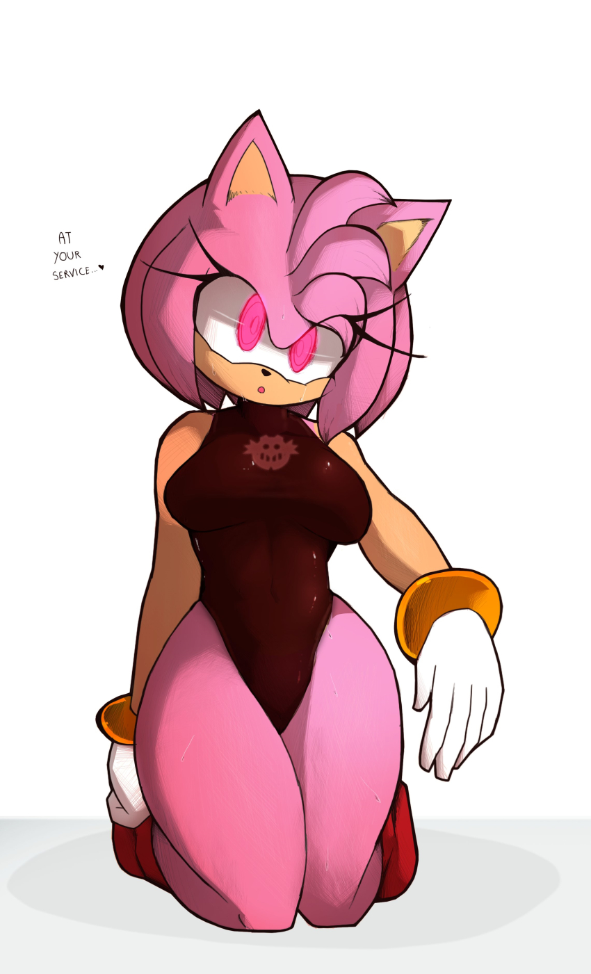 amy_rose animal_ears expressionless femsub furry gloves glowing_eyes leotard pink_hair pstash shoes short_hair simple_background sonic_the_hedgehog_(series) sweat text